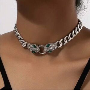 Silver Snake Head Choker Necklace — Emerald Crystal Detail